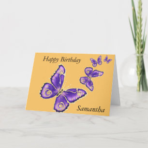 Samantha, Happy Birthday purple butterfly card