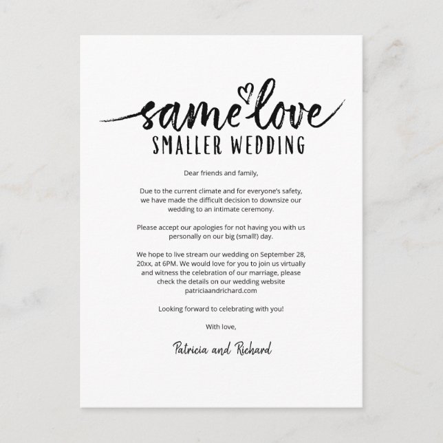 Same Love Cute Heart Downsize Wedding Postcard (Front)