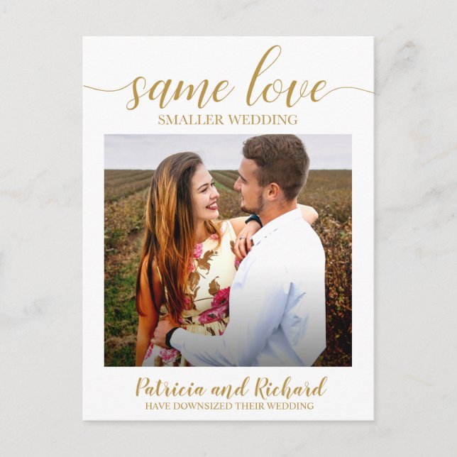 Same Love Downsize Wedding Announcement Photo Gold Postcard (Front)