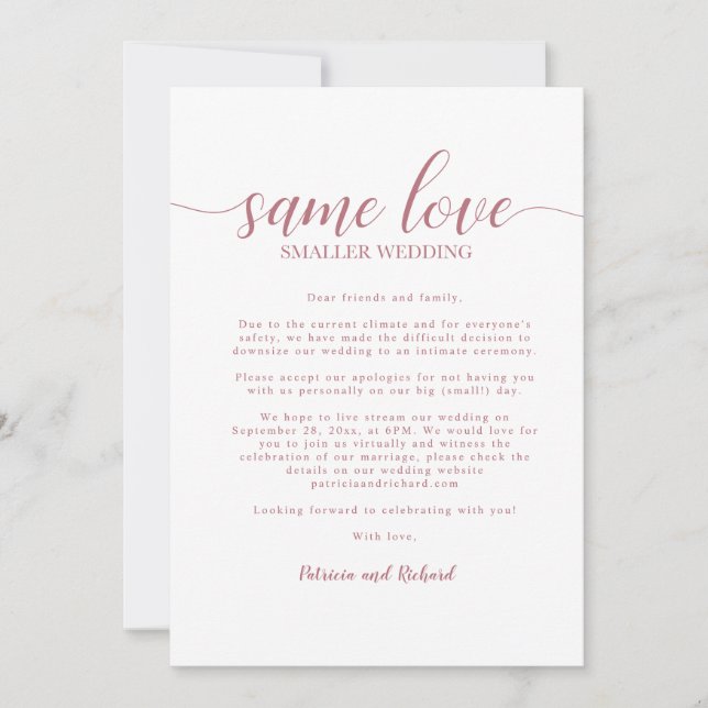 Same Love Downsize Wedding Rose Gold Invitation (Front)