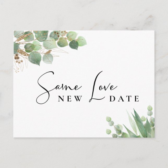 Same Love New Date Eucalyptus Watercolor Wedding Announcement Postcard (Front)