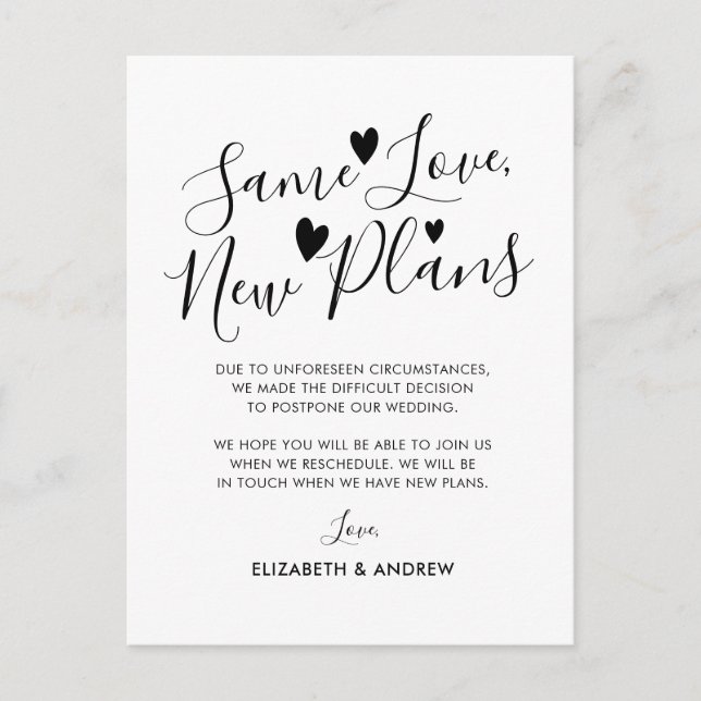 Same Love New Plans Hearts Wedding Postponement Announcement Postcard (Front)