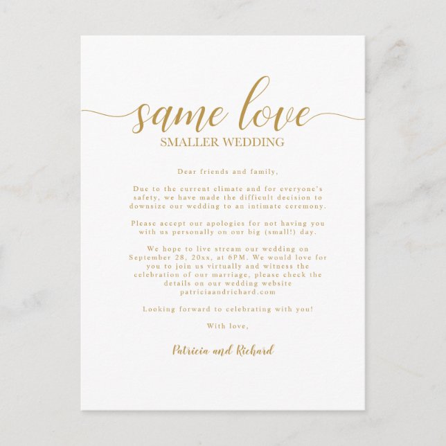 Same Love Smaller Wedding Downsize Wedding Gold Postcard (Front)