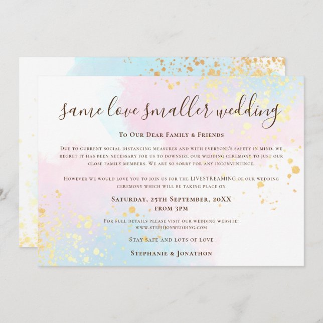 Same Love Smaller Wedding Script Pink Teal Gold Announcement (Front/Back)