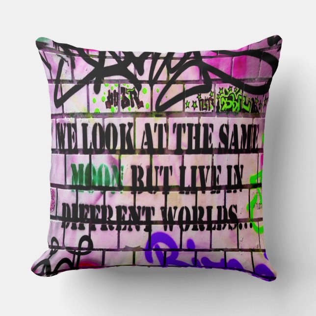 Same Moon Different Worlds Colourful Graffiti Cushion (Front)