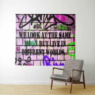 Same Moon Different Worlds Colourful Graffiti Tapestry