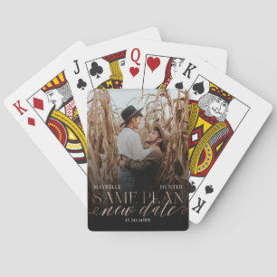 Same Plan New Date Black & Rose Gold Couple Photo Playing Cards