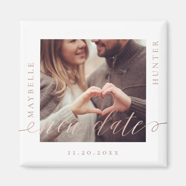 Same Plan New Date | Rose Gold Script Couple Photo Magnet (Front)