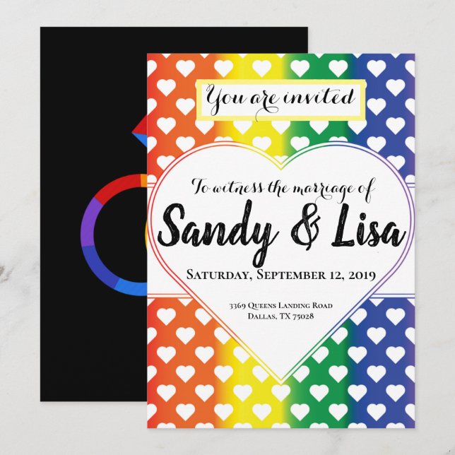 Same Sex Rainbow Hearts Wedding Invitation (Front/Back)