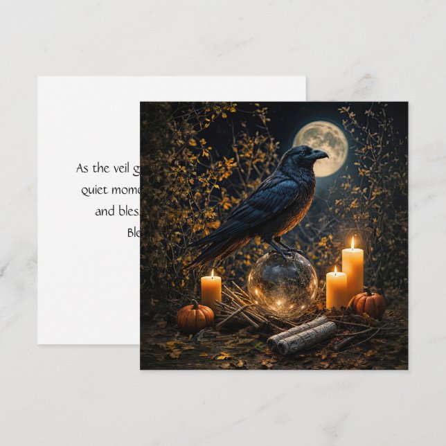 Samhain Beautiful Black Raven Candles Moon Card (Front/Back)