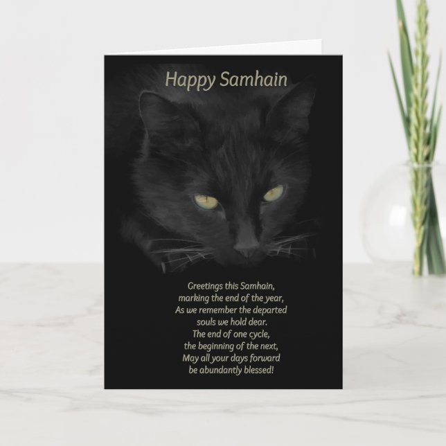 Samhain Black Cat Blessings Happy Samhain Celtic Card (Front)