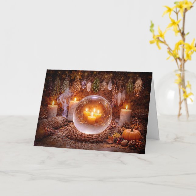 Samhain Greetings with Candles Herbs Crystals  Card (Yellow Flower)