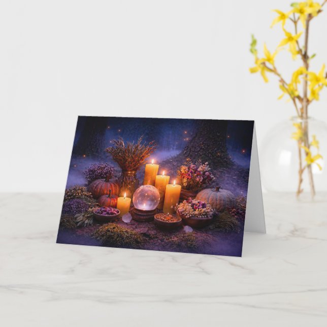 Samhain with Candles Crystal Fall Foliage Flowers Card (Yellow Flower)