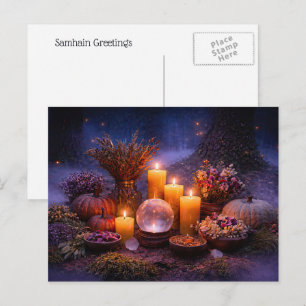 Samhain with Candles Crystal Fall Foliage Flowers Holiday Postcard