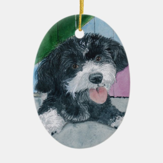 Sammy the Parti-Poodle Pup Ceramic Tree Decoration (Front)