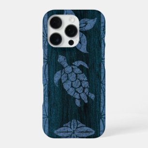 Samoan Tapa Hawaiian Faux Wood Blue Surfboard iPhone 16 Pro Case