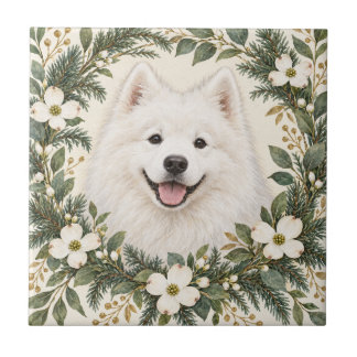Samoyed Botanical Wreath Decorative Tile