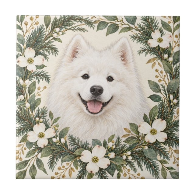 Samoyed Botanical Wreath Decorative Tile (Front)