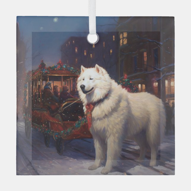 Samoyed Christmas Festive Season  Glass Tree Decoration (Front)
