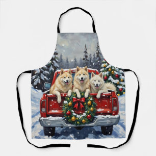 Samoyed Christmas Red Truck Holiday Apron