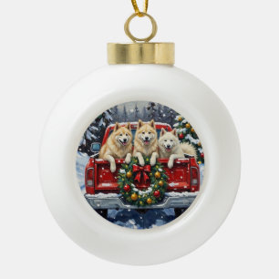 Samoyed Christmas Red Truck Holiday Ceramic Ball Christmas Ornament