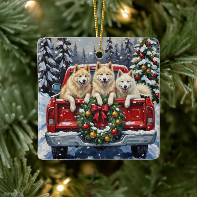Samoyed Christmas Red Truck Holiday Ceramic Ornament (Tree)