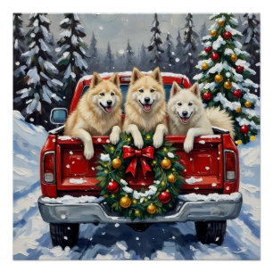 Samoyed Christmas Red Truck Holiday Poster