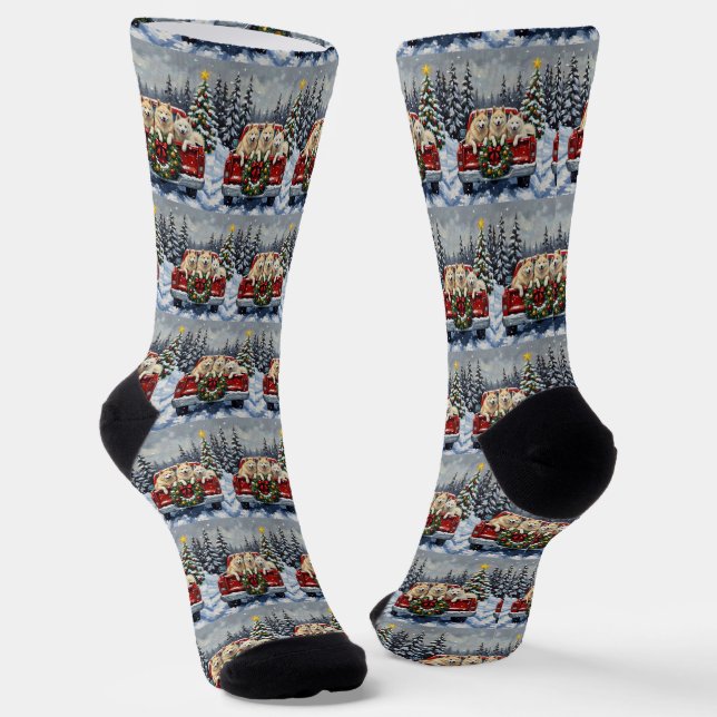 Samoyed Christmas Red Truck Holiday Socks (Angled)