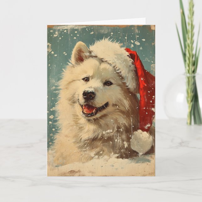 Samoyed christmas vintage personalised holiday card (Front)
