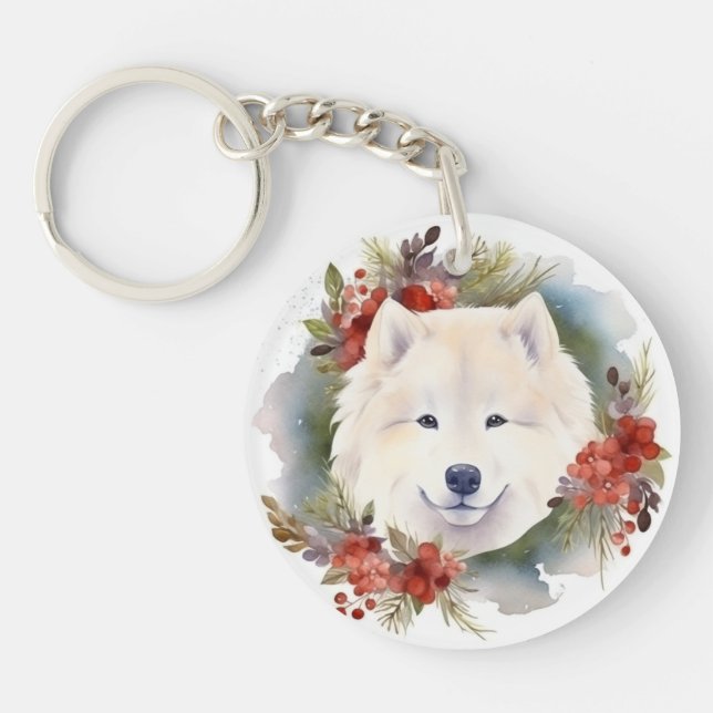Samoyed Christmas Wreath Festive Pup  Key Ring (Front)