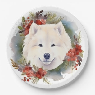 Samoyed Christmas Wreath Festive Pup Paper Plate