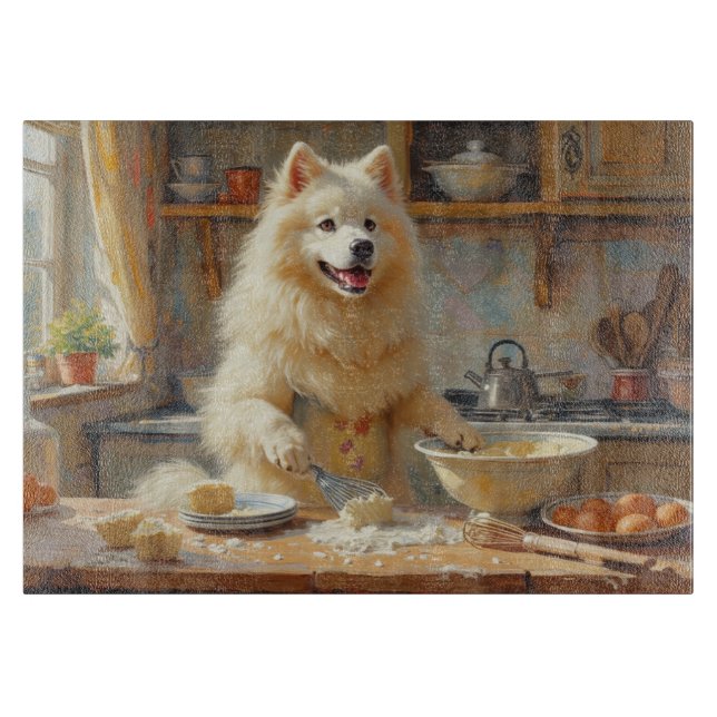 Samoyed Cooking in Kitchen Cutting Board (Front)