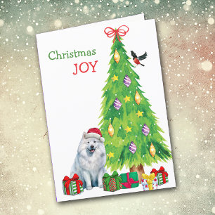 Samoyed Dog, Bird and Christmas Tree Holiday Card