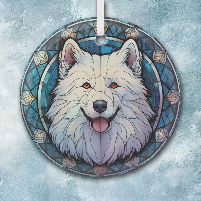 Samoyed Dog Blue Border Stained Glass Tree Decoration (Creator Uploaded)