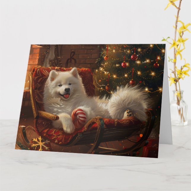 Samoyed Dog Christmas Festive  Card (Yellow Flower)