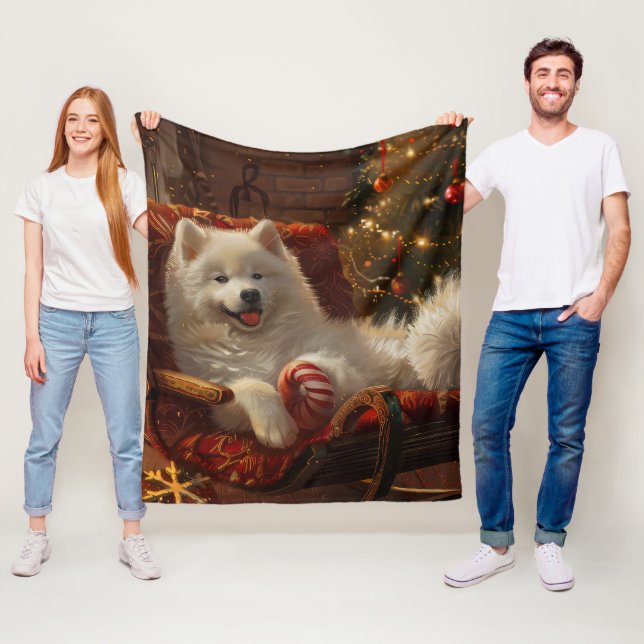 Samoyed Dog Christmas Festive  Fleece Blanket (In Situ)