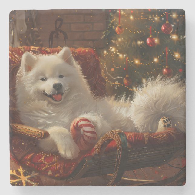 Samoyed Dog Christmas Festive  Stone Coaster (Front)