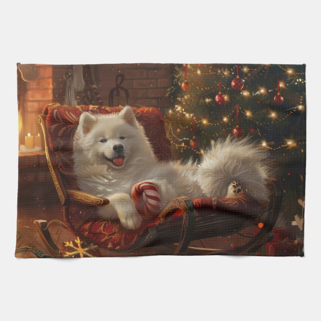 Samoyed Dog Christmas Festive  Tea Towel (Horizontal)