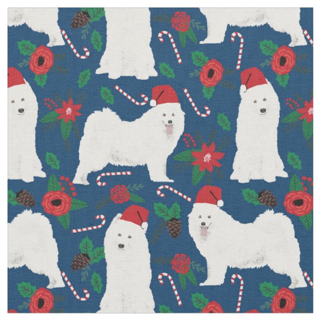 Samoyed dog christmas floral navy blue fabric (Close Up)