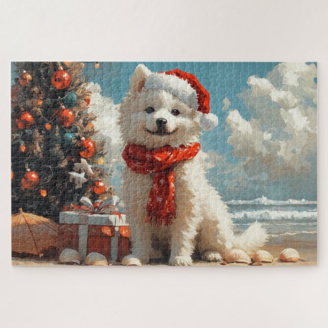Samoyed Dog Christmas Vintage Beach Jigsaw Puzzle (Horizontal)