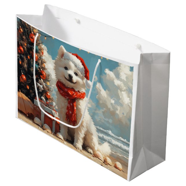 Samoyed Dog Christmas Vintage Beach Large Gift Bag (Front Angled)