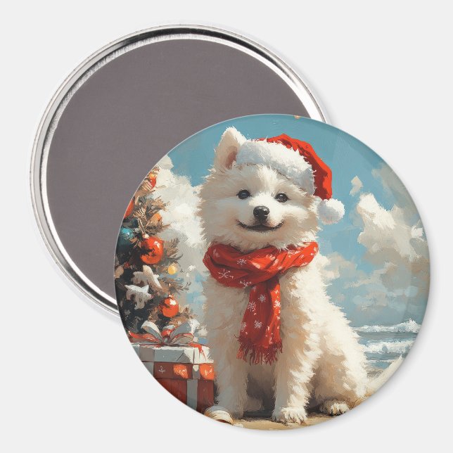 Samoyed Dog Christmas Vintage Beach Magnet (Front/Back)