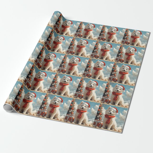Samoyed Dog Christmas Vintage Beach Wrapping Paper (Unrolled)