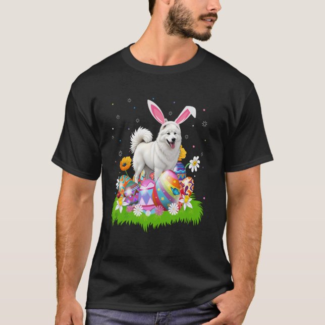 Samoyed Dog Easter Egg Hunt Bunny Ear Easter Sunda T-Shirt (Front)