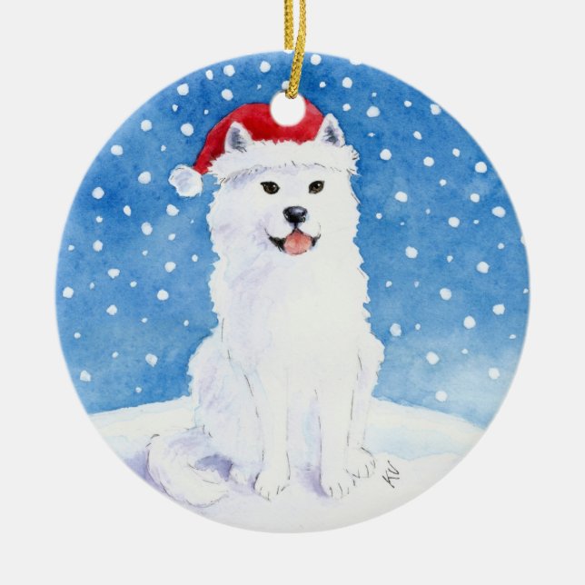 Samoyed Dog in Santa Claus hat Christmas ornament (Front)