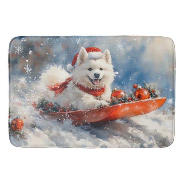 Samoyed Dog in Sledge Let it Snow Christmas Bath Mat (Front)