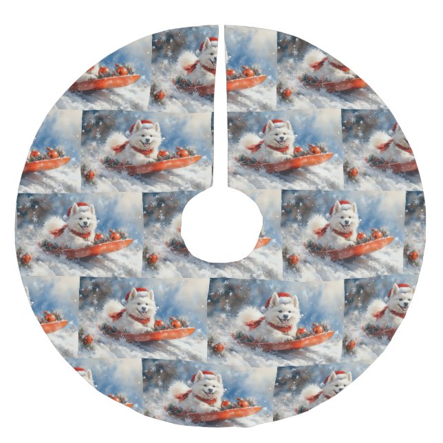 Samoyed Dog in Sledge Let it Snow Christmas Brushed Polyester Tree Skirt (Front)