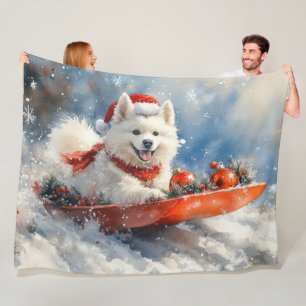 Samoyed Dog in Sledge Let it Snow Christmas Fleece Blanket