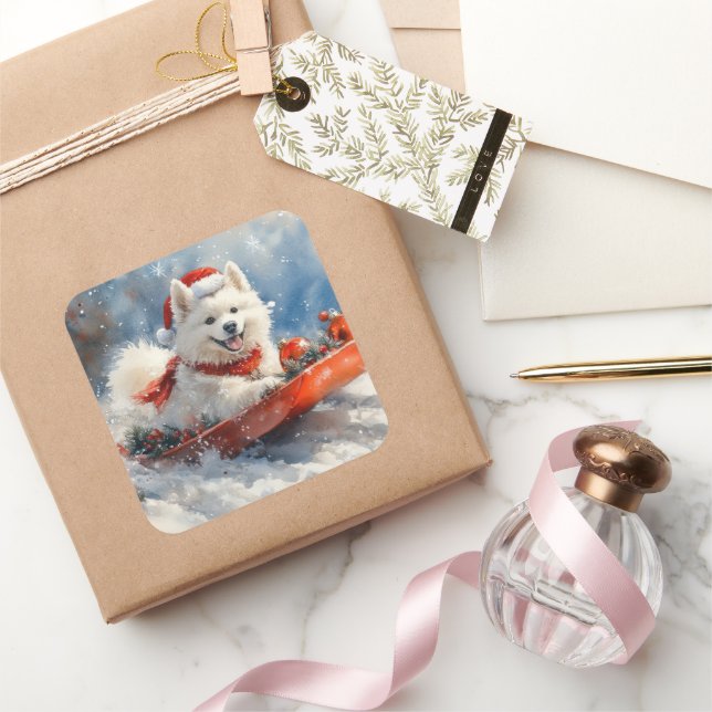 Samoyed Dog in Sledge Let it Snow Christmas Square Sticker (Gifting)