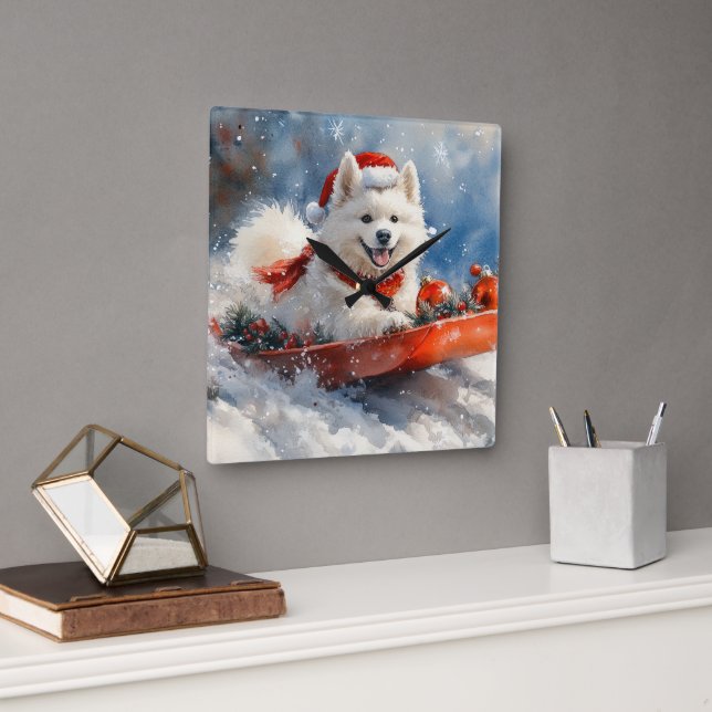 Samoyed Dog in Sledge Let it Snow Christmas Square Wall Clock (Office)